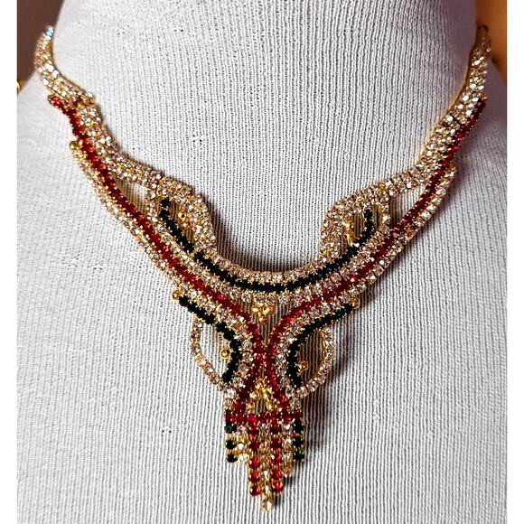 Goldtone Red Green India Ethnic Necklace Lot Bollywood Festoon Choker Glam Boho - Picture 3 of 11